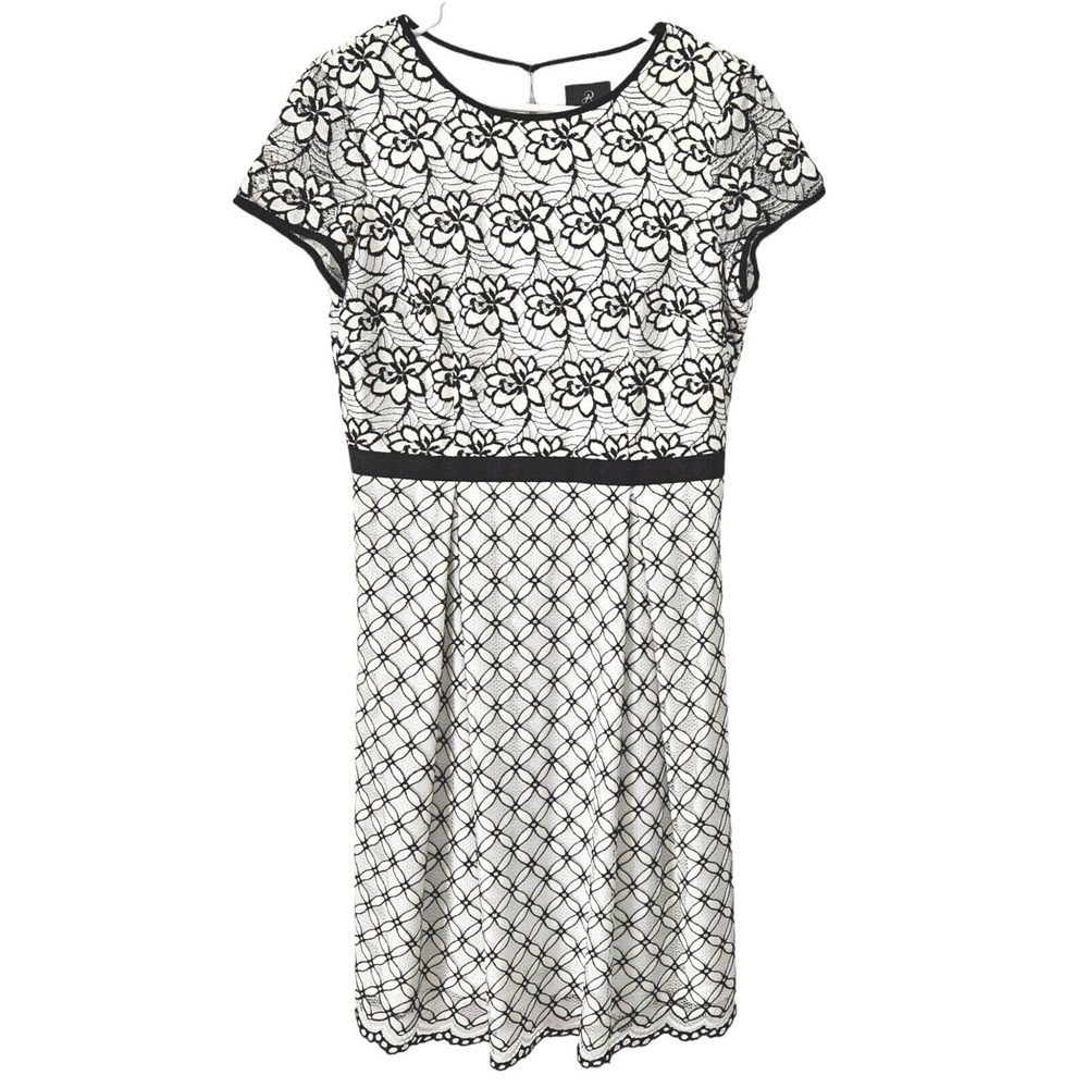 Adrianna Papell A-line Dress Sz 6 Floral Lace‎ Overlay Ivory Black Short Sleeve